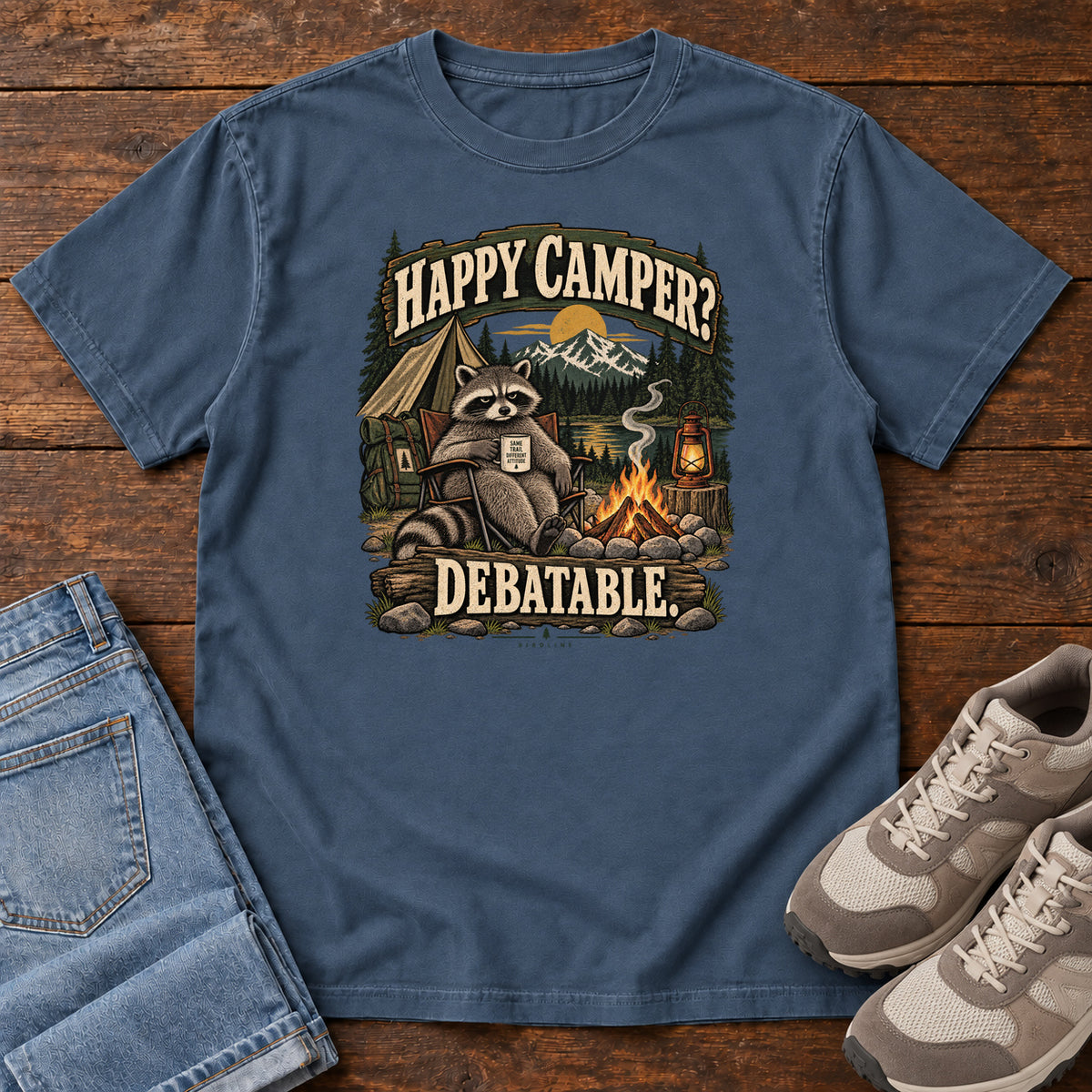 Midnight Happy Camper Debatable T-Shirt with a raccoon holding a mug beside a campfire, tent and lantern, front flat lay on wood.