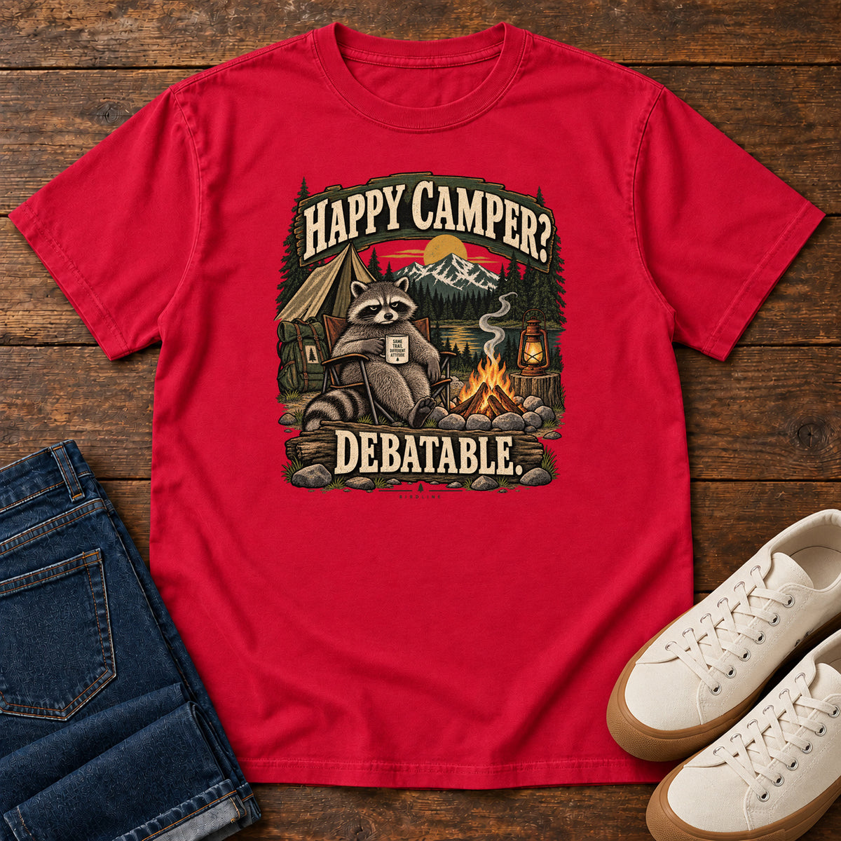 Red Happy Camper Debatable T-Shirt with a raccoon holding a mug beside a campfire, tent and lantern, front flat lay on wood.