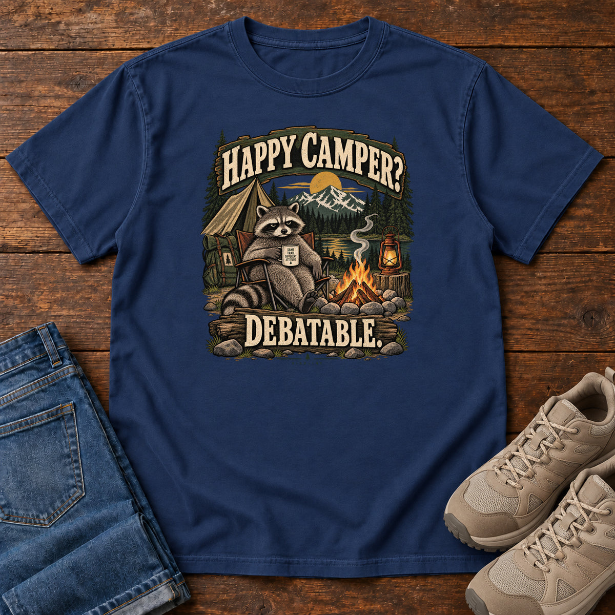 True Navy Happy Camper Debatable T-Shirt with a raccoon holding a mug beside a campfire, tent and lantern, front flat lay on wood.