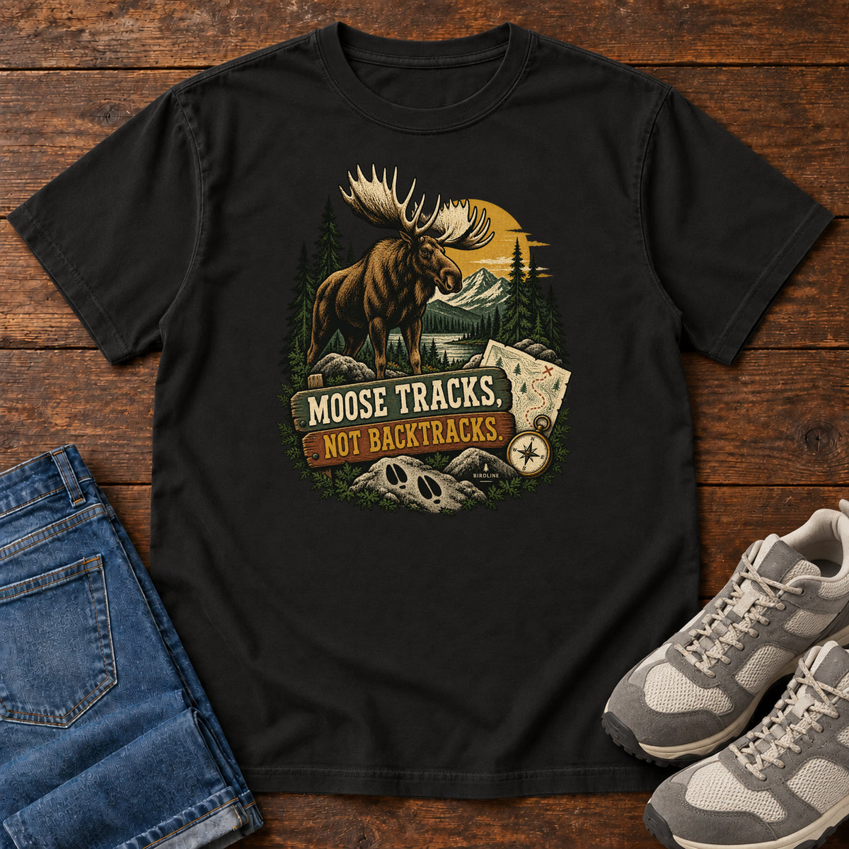 Black Moose Tracks Not Backtracks T-Shirt with a moose in a mountain forest above a map, compass and cream and gold lettering, front flat lay on wood.
