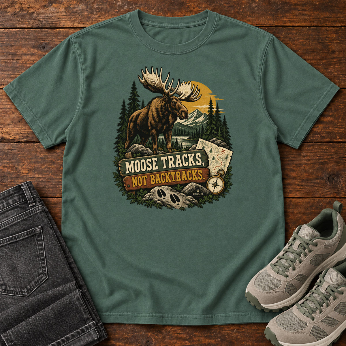 Blue Spruce Moose Tracks Not Backtracks T-Shirt with a moose in a mountain forest above a map, compass and cream and gold lettering, front flat lay on wood.