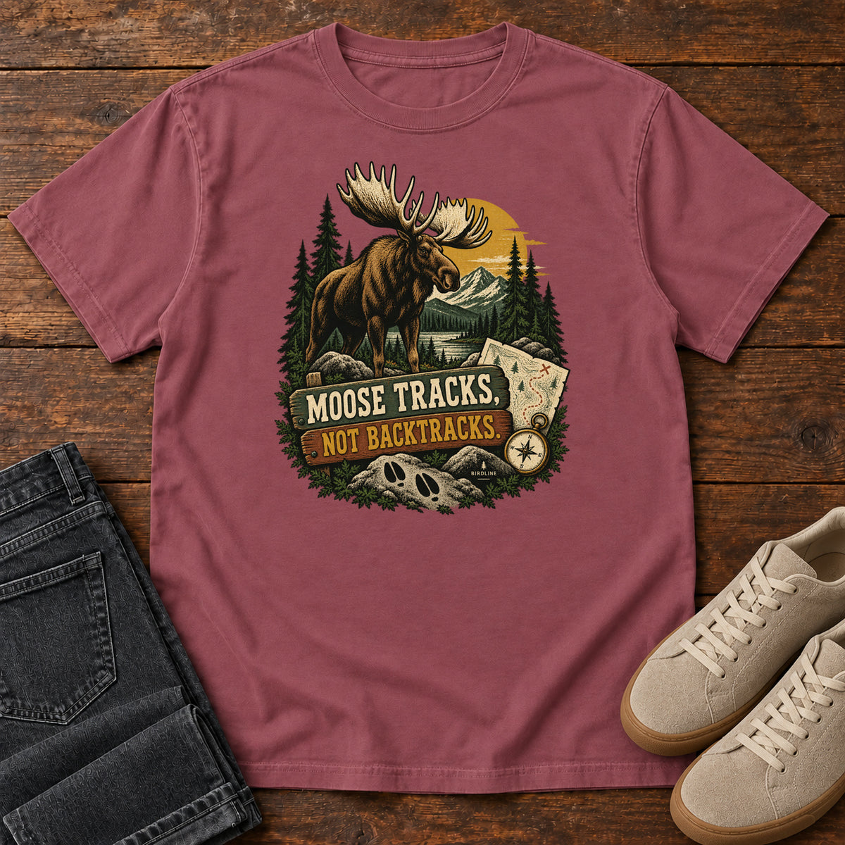 Brick Moose Tracks Not Backtracks T-Shirt with a moose in a mountain forest above a map, compass and cream and gold lettering, front flat lay on wood.
