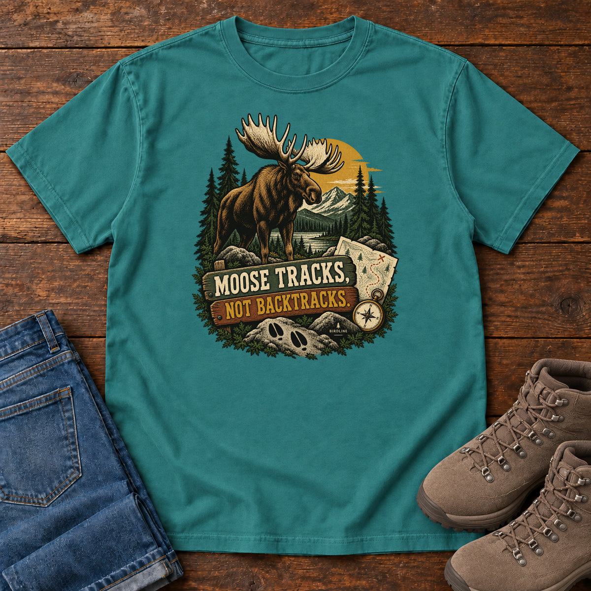 Emerald Moose Tracks Not Backtracks T-Shirt with a moose in a mountain forest above a map, compass and cream and gold lettering, front flat lay on wood.