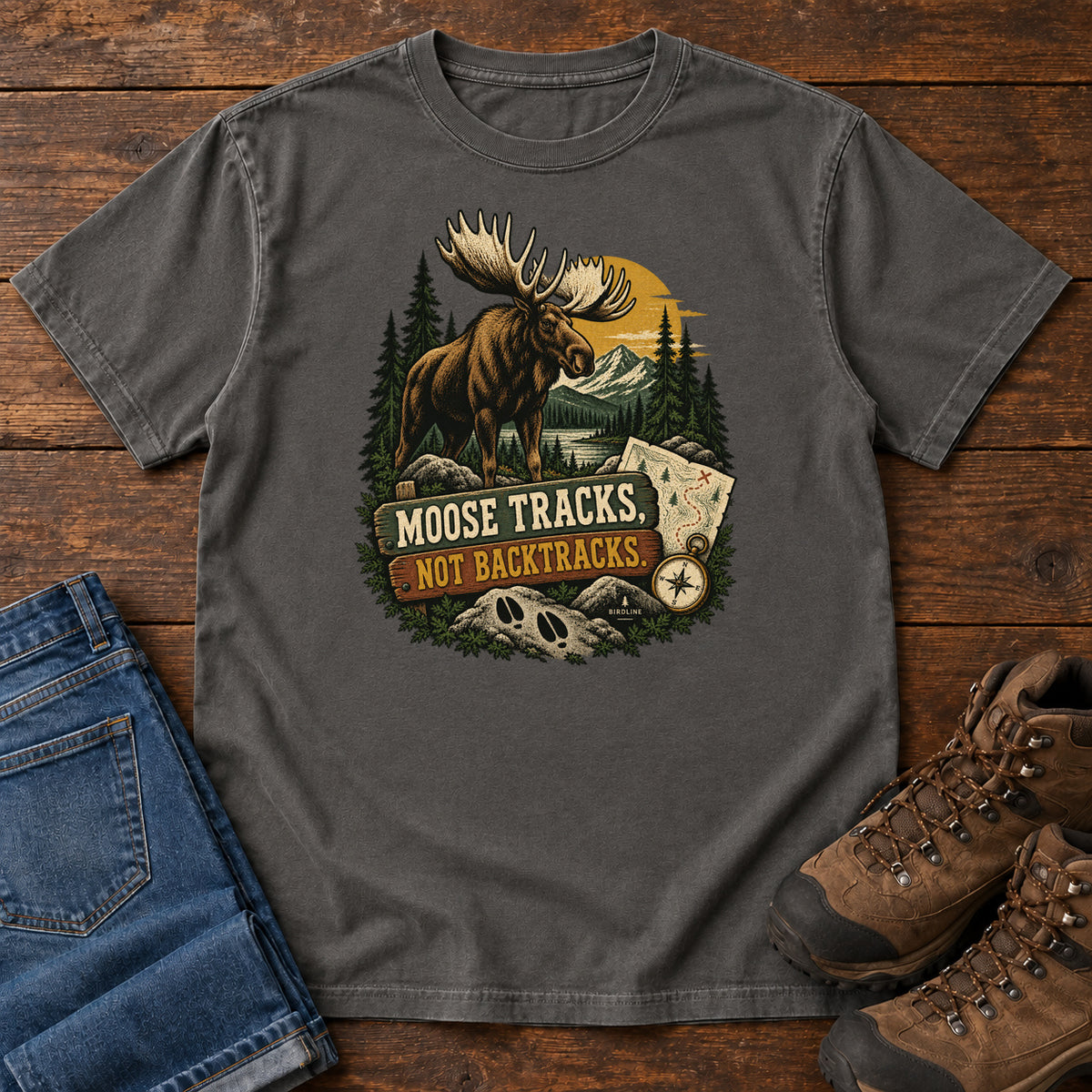 Pepper Moose Tracks Not Backtracks T-Shirt with a moose in a mountain forest above a map, compass and cream and gold lettering, front flat lay on wood.