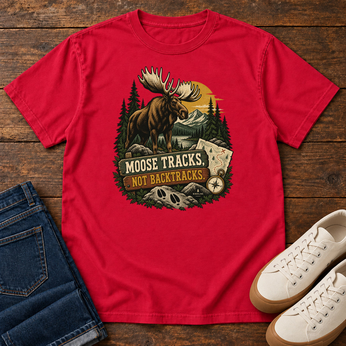 Red Moose Tracks Not Backtracks T-Shirt with a moose in a mountain forest above a map, compass and cream and gold lettering, front flat lay on wood.