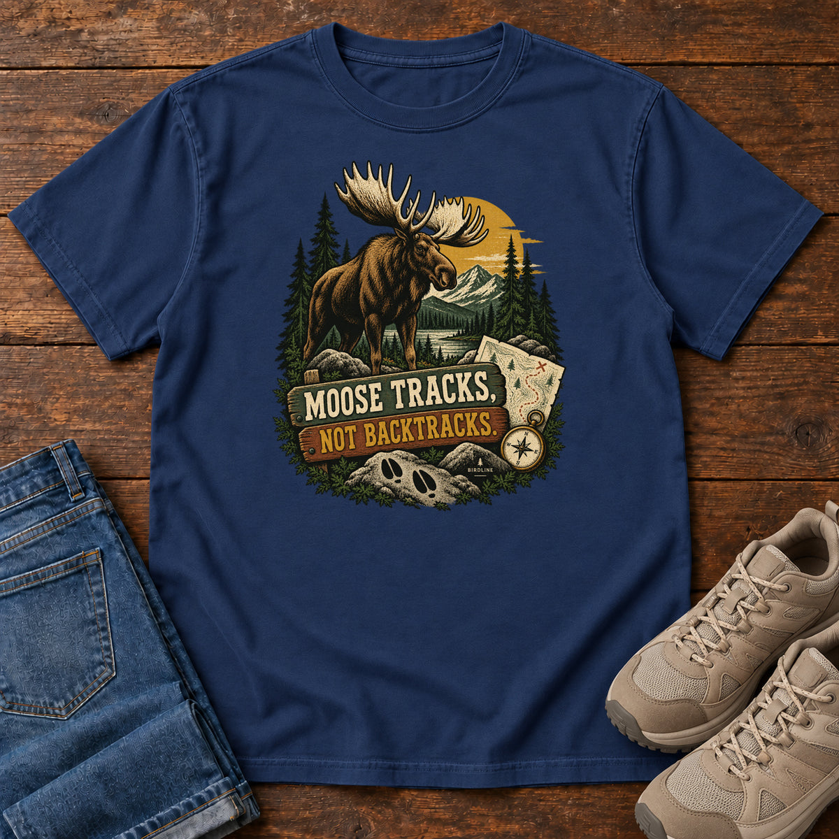 True Navy Moose Tracks Not Backtracks T-Shirt with a moose in a mountain forest above a map, compass and cream and gold lettering, front flat lay on wood.