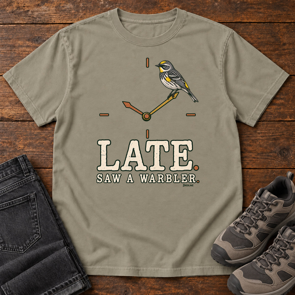 Late Saw a Warbler T-Shirt in Sandstone