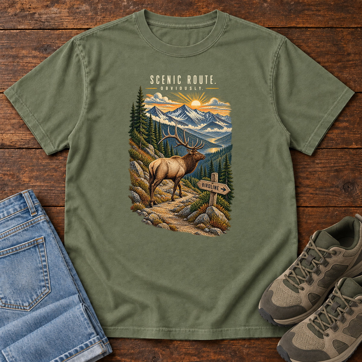 Scenic Route Obviously Elk T-Shirt in Moss