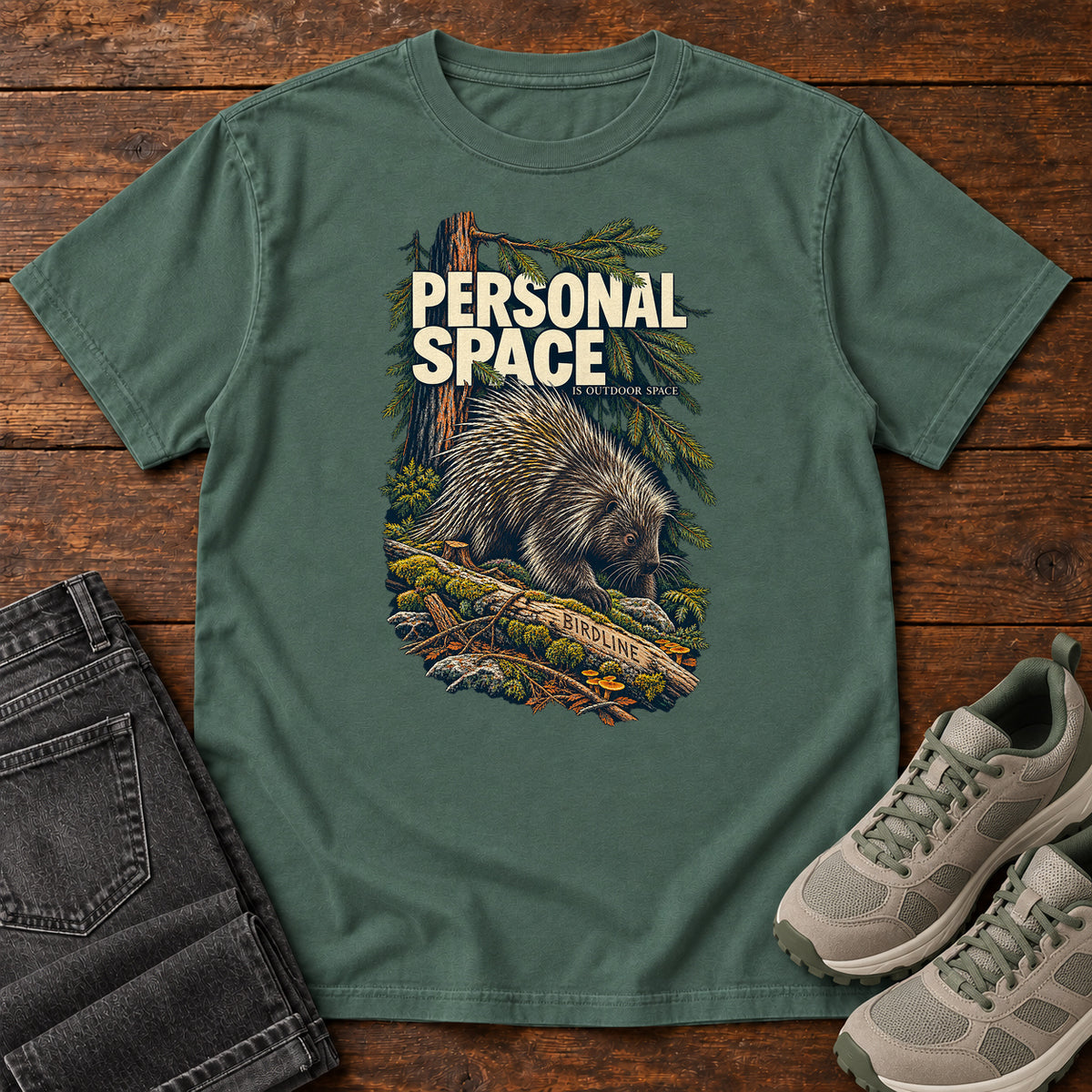 Personal Space Is Outdoor Space Porcupine T-Shirt in Blue Spruce