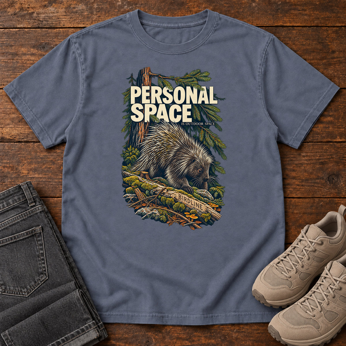 Personal Space Is Outdoor Space Porcupine T-Shirt in Denim