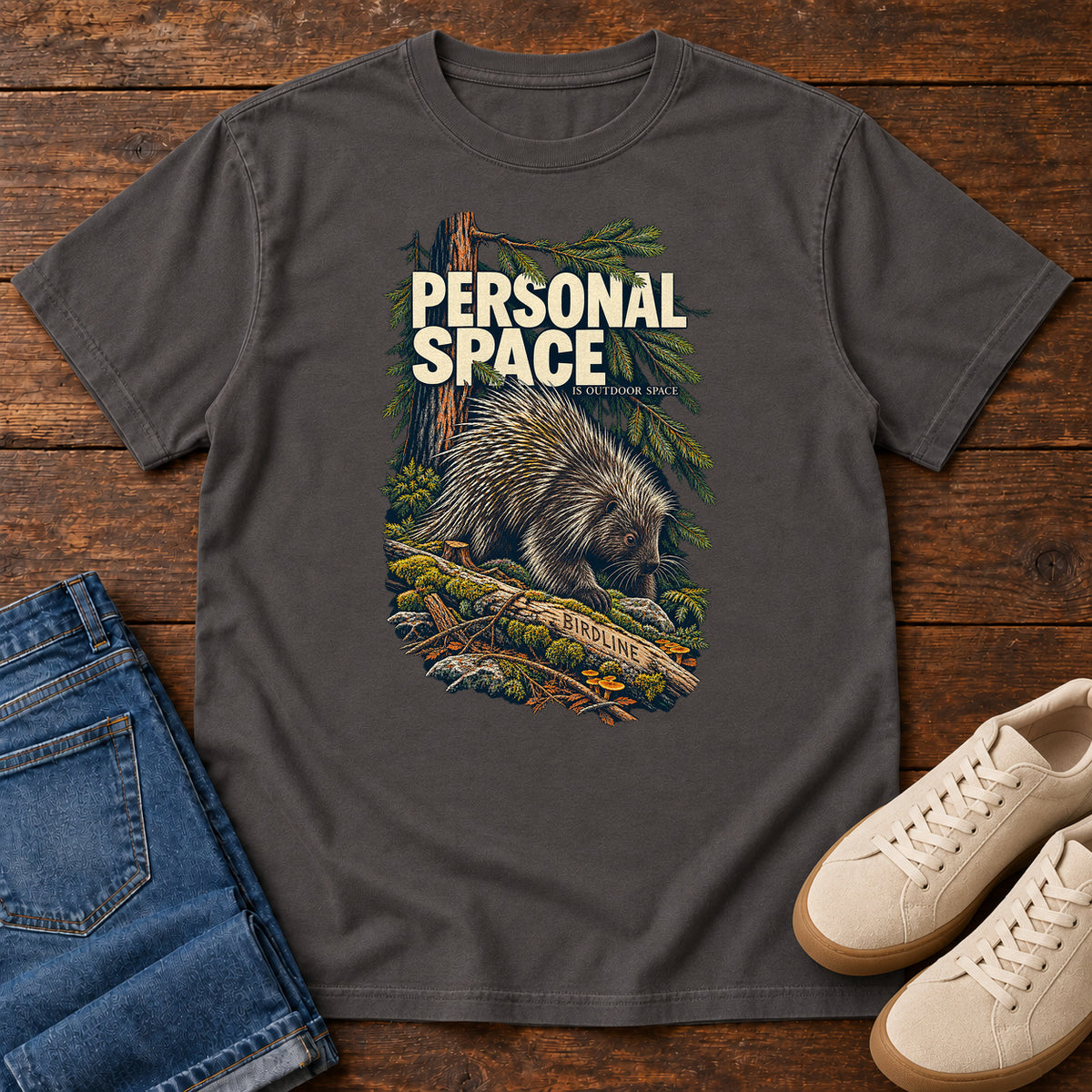 Personal Space Is Outdoor Space Porcupine T-Shirt in Graphite