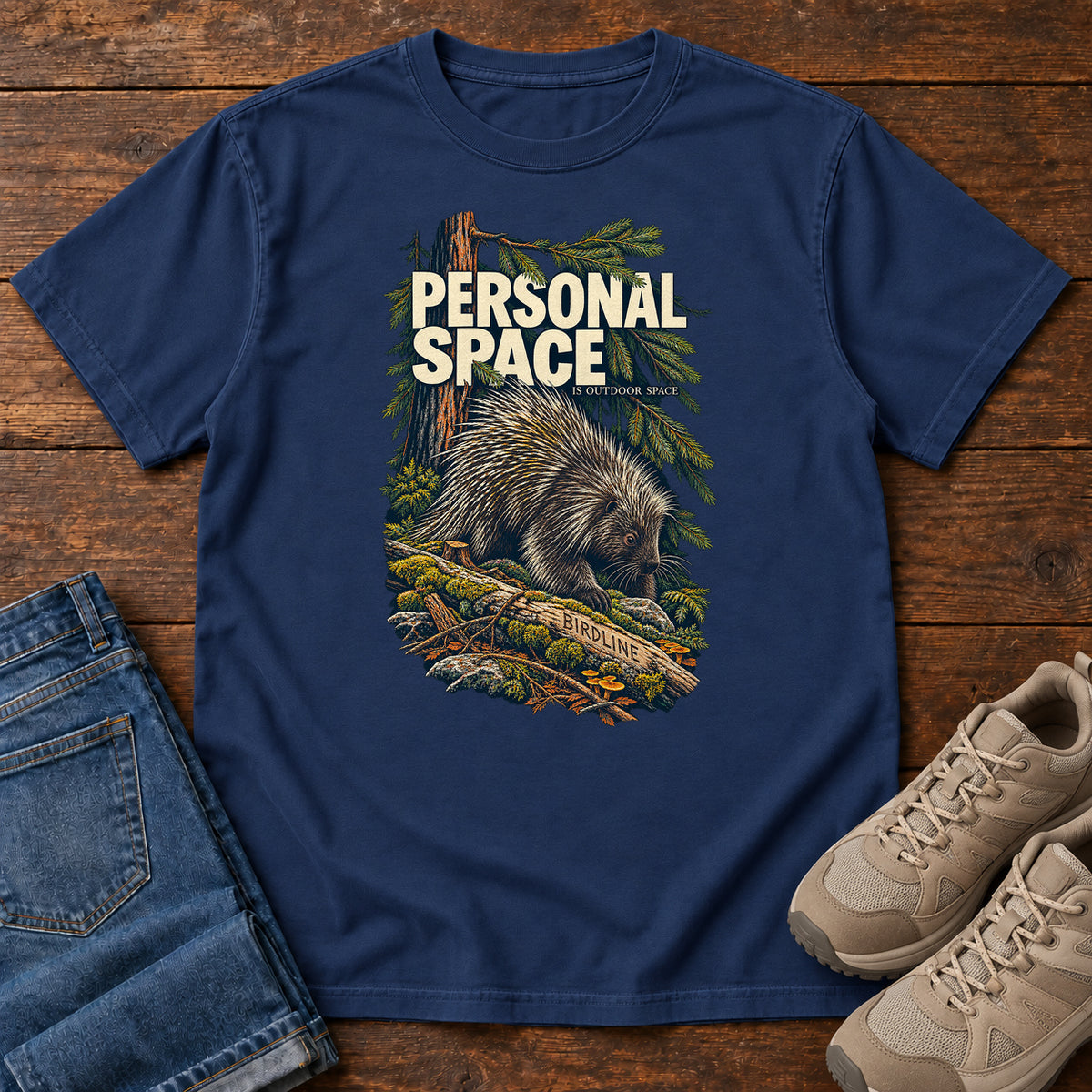 Personal Space Is Outdoor Space Porcupine T-Shirt in True Navy