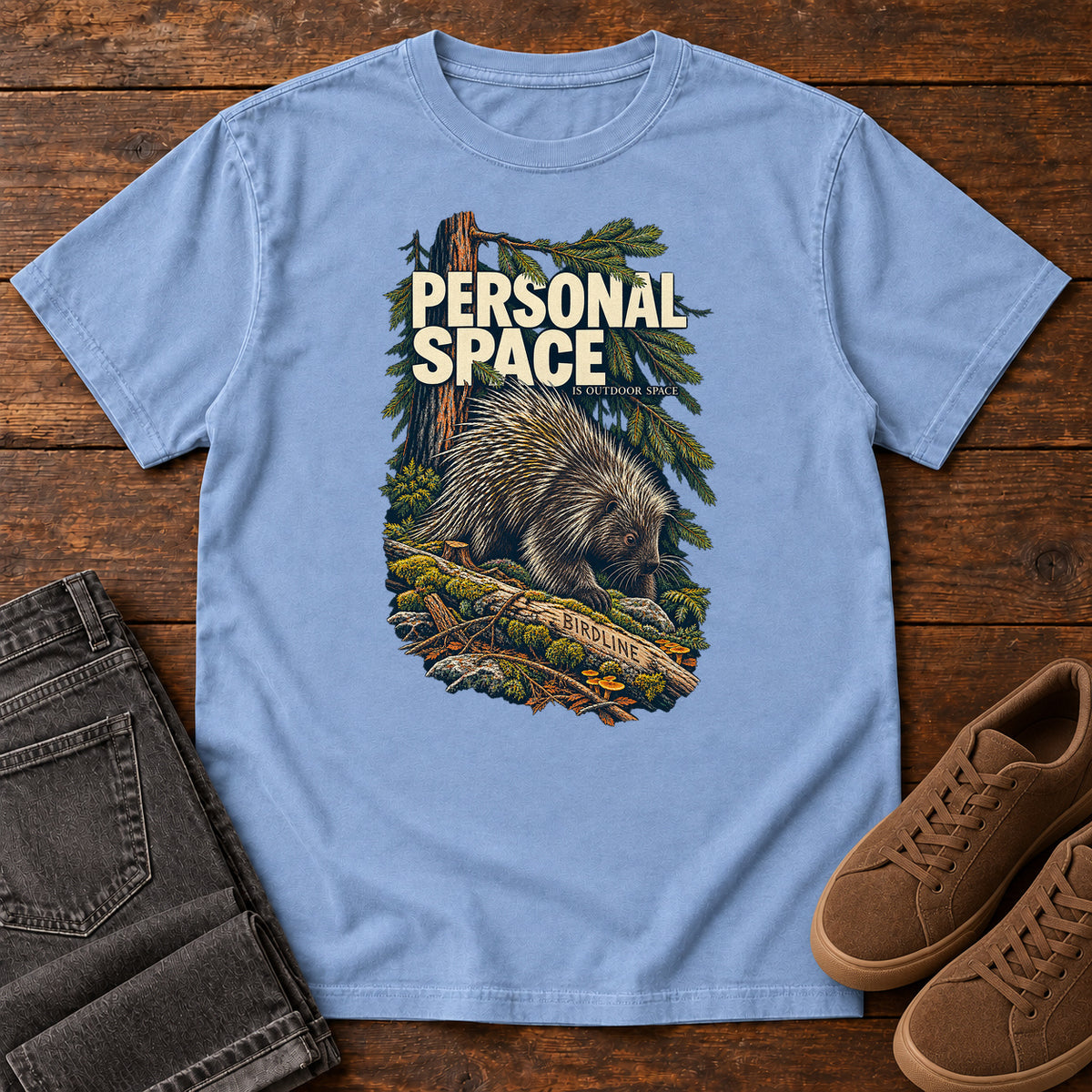 Personal Space Is Outdoor Space Porcupine T-Shirt in Washed Denim