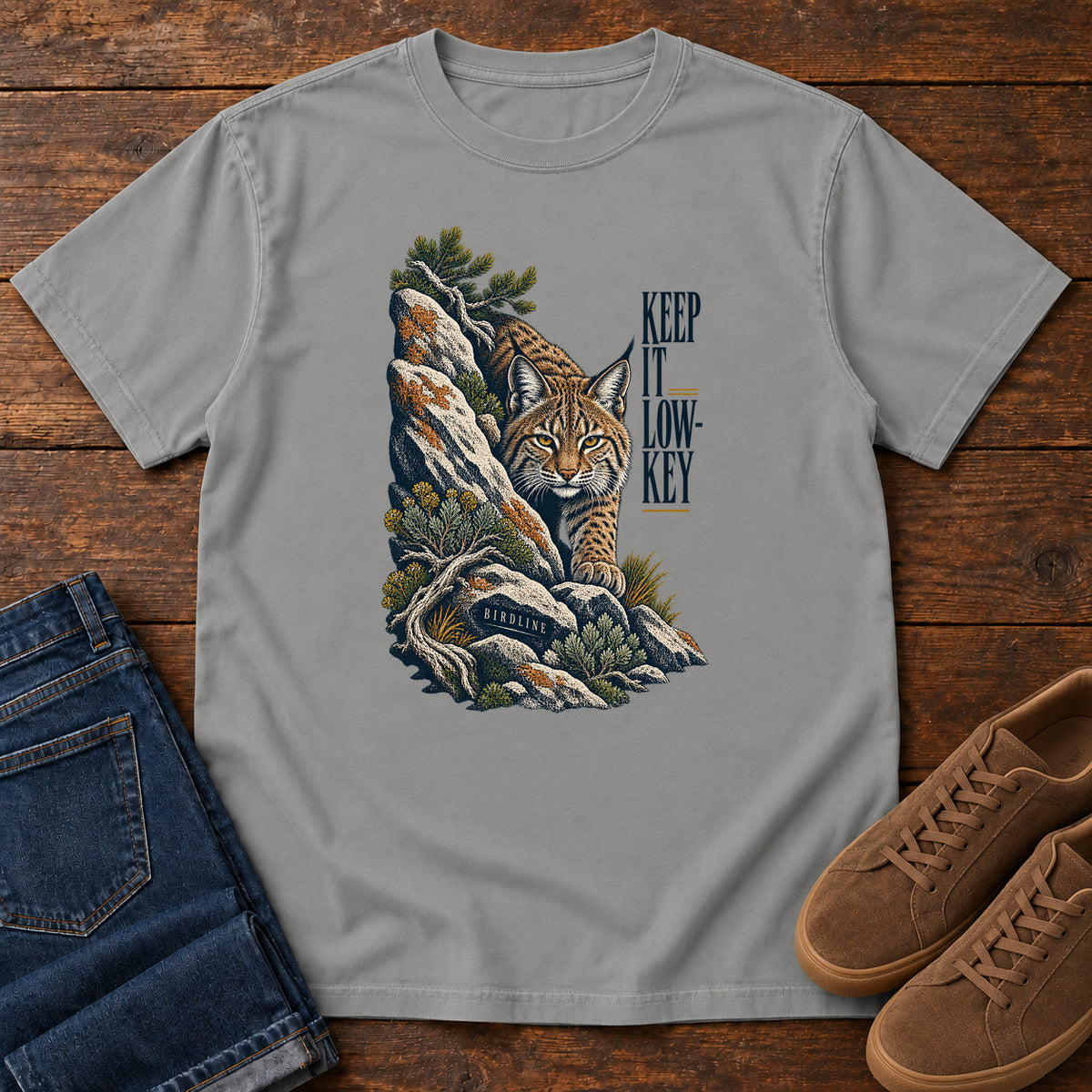Lynx in the Rocks T-Shirt in Grey