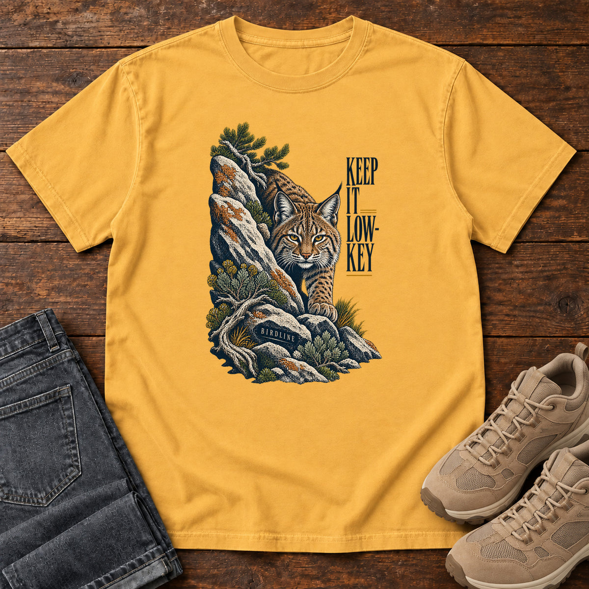 Lynx in the Rocks T-Shirt in Mustard