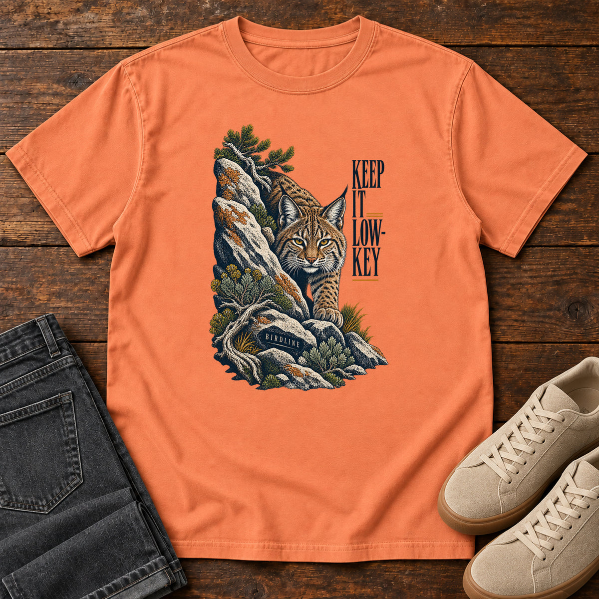 Lynx in the Rocks T-Shirt in Terracotta