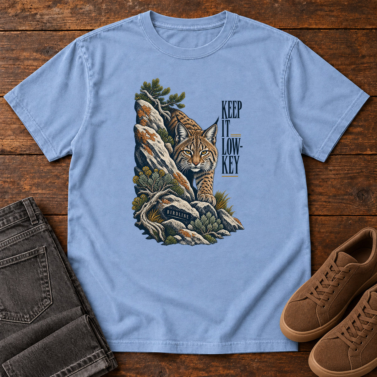 Lynx in the Rocks T-Shirt in Washed Denim