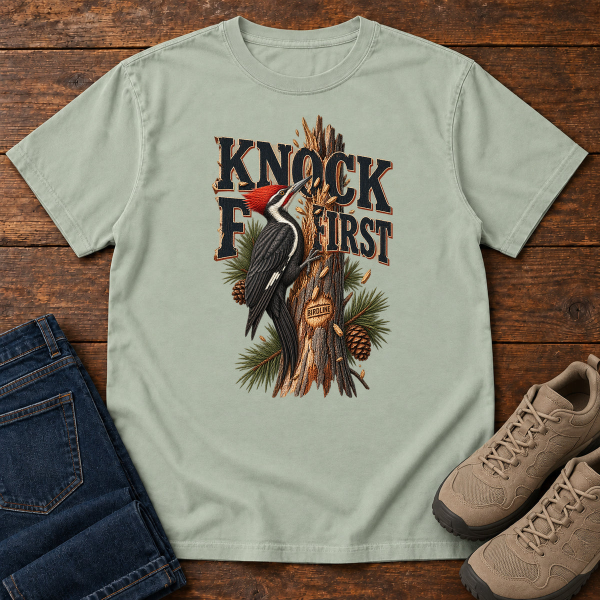 Bay Knock First Woodpecker T-Shirt with a red-crested woodpecker on a pine trunk beneath Knock First lettering, front flat lay on wood.