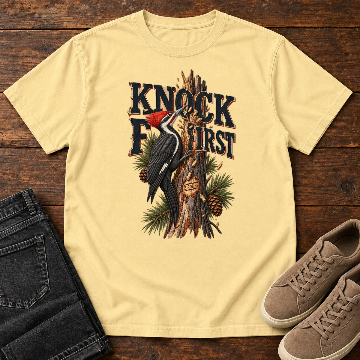 Butter Knock First Woodpecker T-Shirt with a red-crested woodpecker on a pine trunk beneath Knock First lettering, front flat lay on wood.