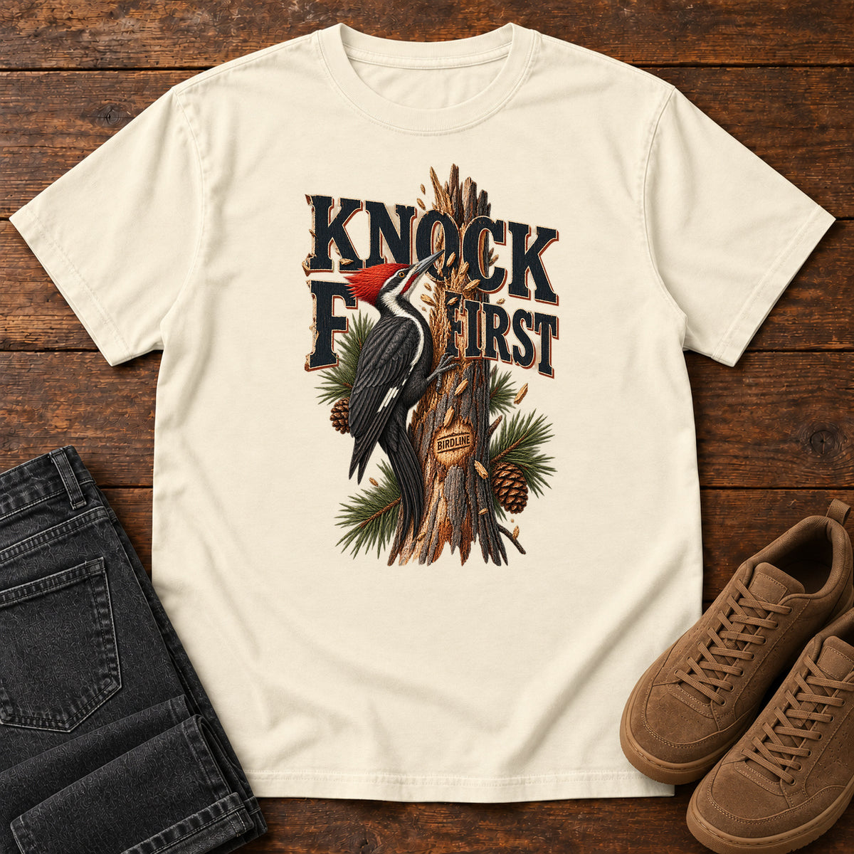 Ivory Knock First Woodpecker T-Shirt with a red-crested woodpecker on a pine trunk beneath Knock First lettering, front flat lay on wood.