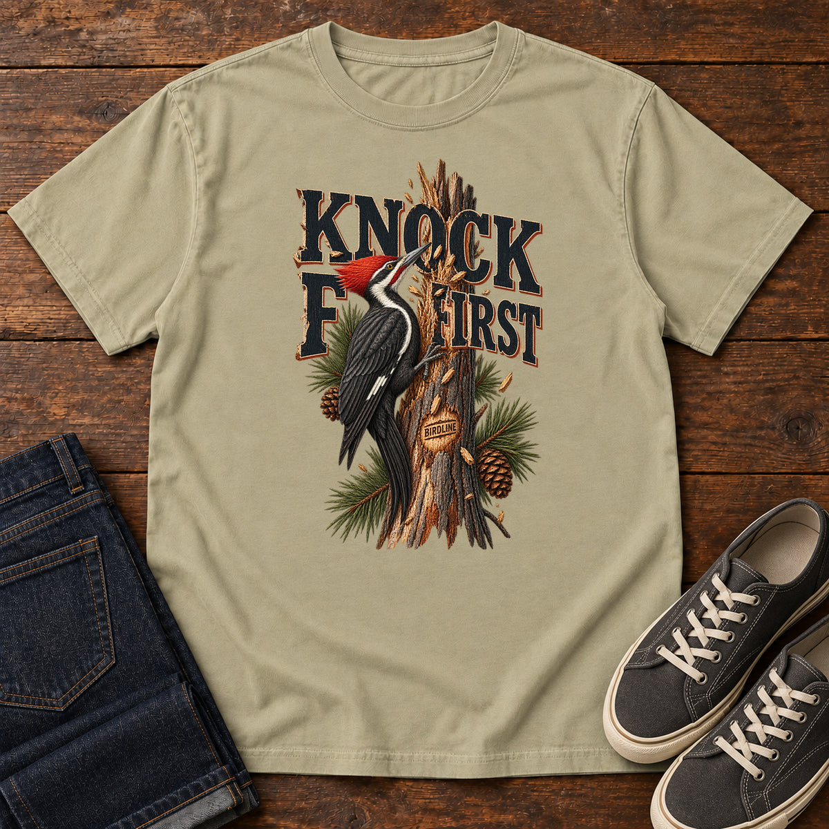 Khaki Knock First Woodpecker T-Shirt with a red-crested woodpecker on a pine trunk beneath Knock First lettering, front flat lay on wood.