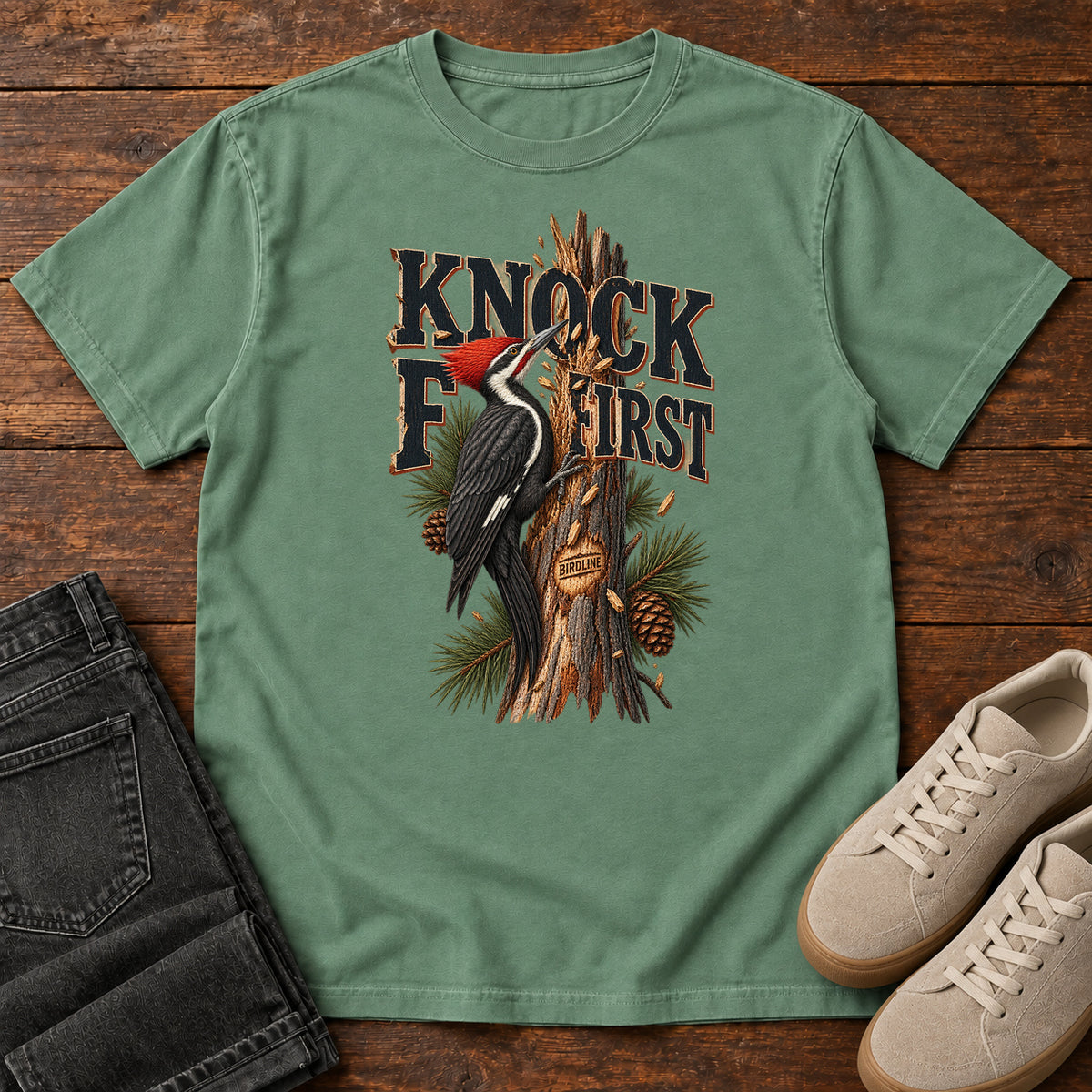 Light Green Knock First Woodpecker T-Shirt with a red-crested woodpecker on a pine trunk beneath Knock First lettering, front flat lay on wood.