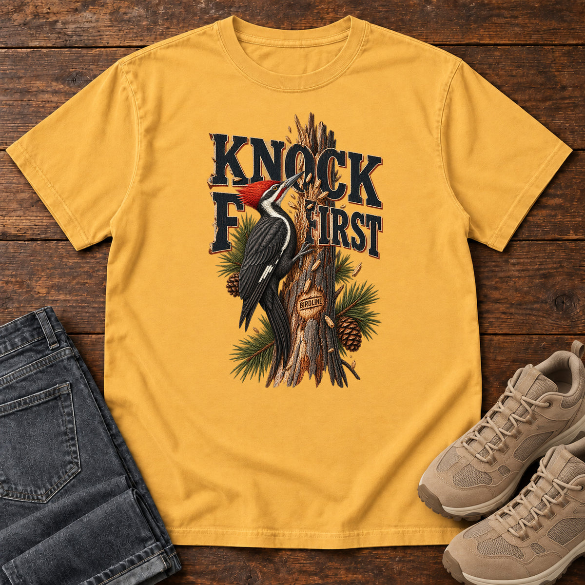 Mustard Knock First Woodpecker T-Shirt with a red-crested woodpecker on a pine trunk beneath Knock First lettering, front flat lay on wood.