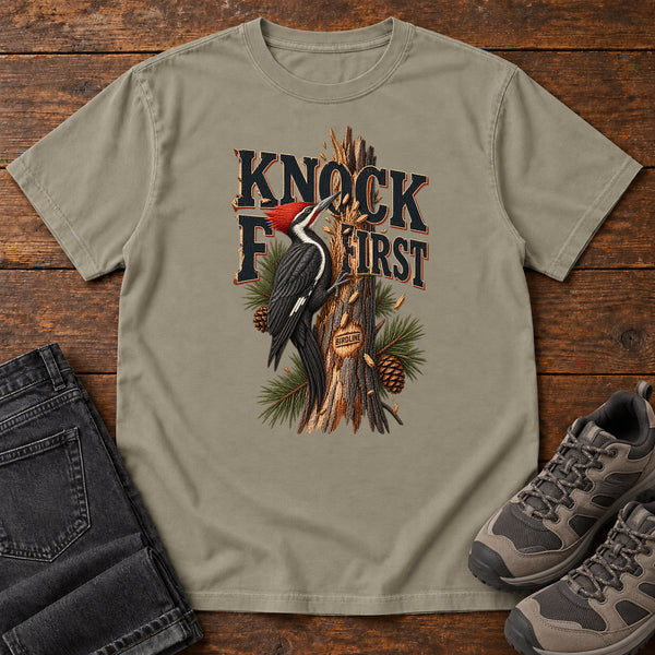 Knock First Woodpecker T-Shirt in Sandstone, front view