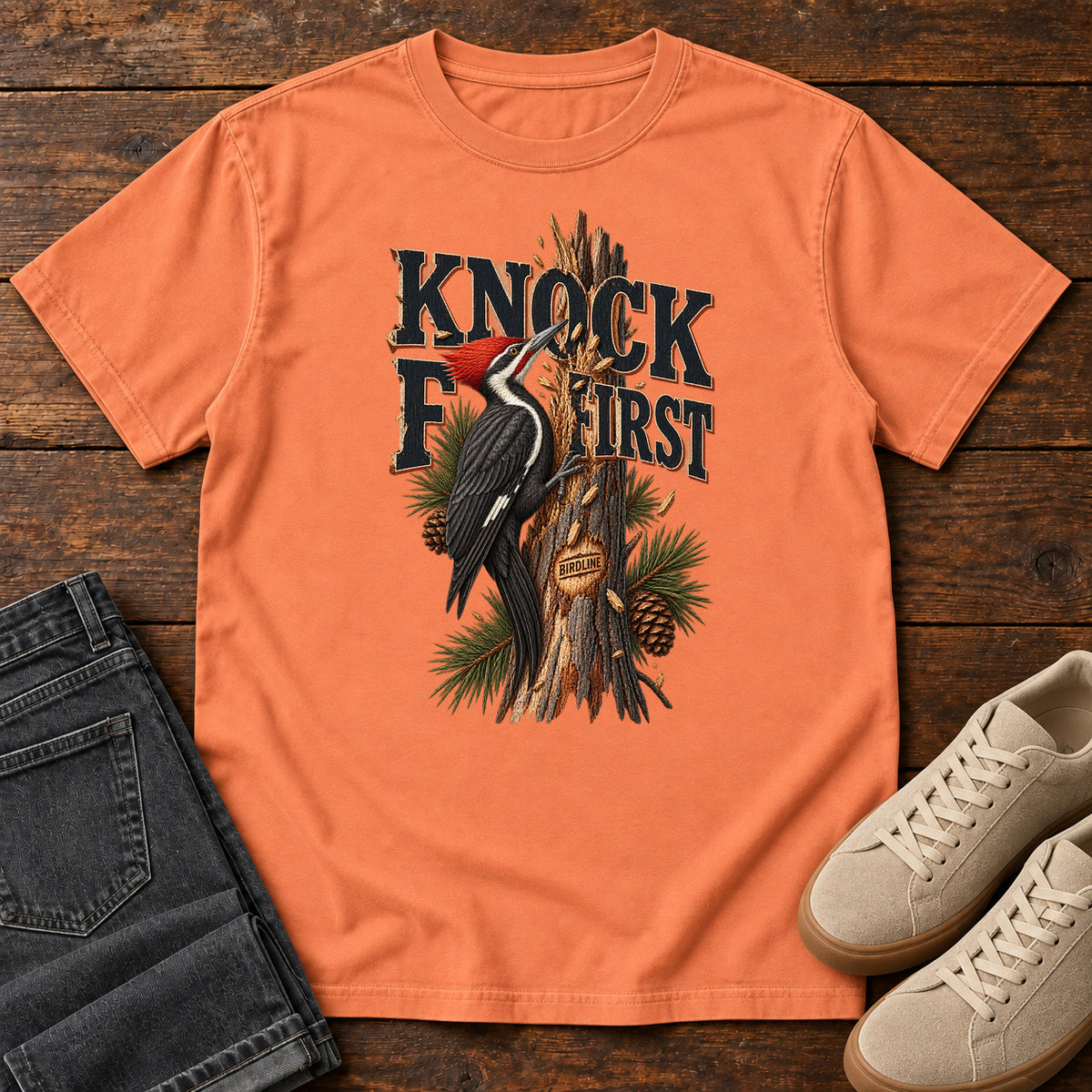Terracotta Knock First Woodpecker T-Shirt with a red-crested woodpecker on a pine trunk beneath Knock First lettering, front flat lay on wood.