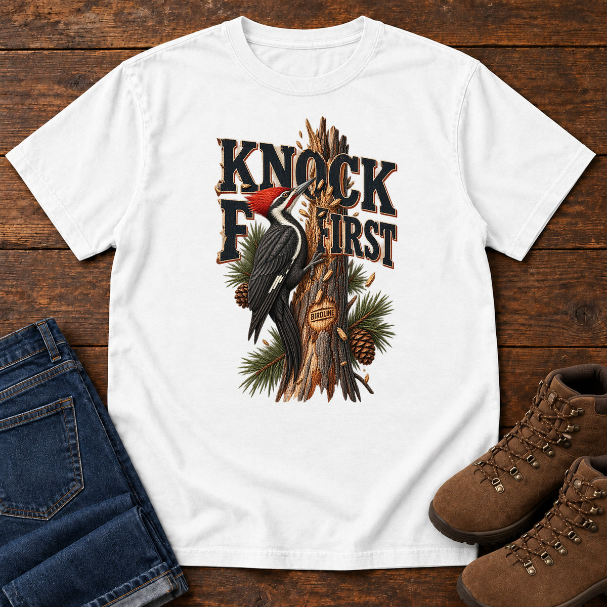 White Knock First Woodpecker T-Shirt with a red-crested woodpecker on a pine trunk beneath Knock First lettering, front flat lay on wood.