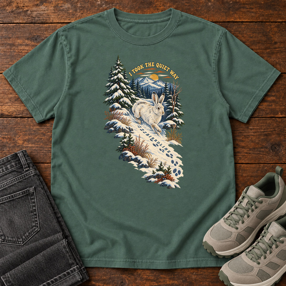 I Took the Quiet Way Snowshoe Hare T-Shirt in Blue Spruce
