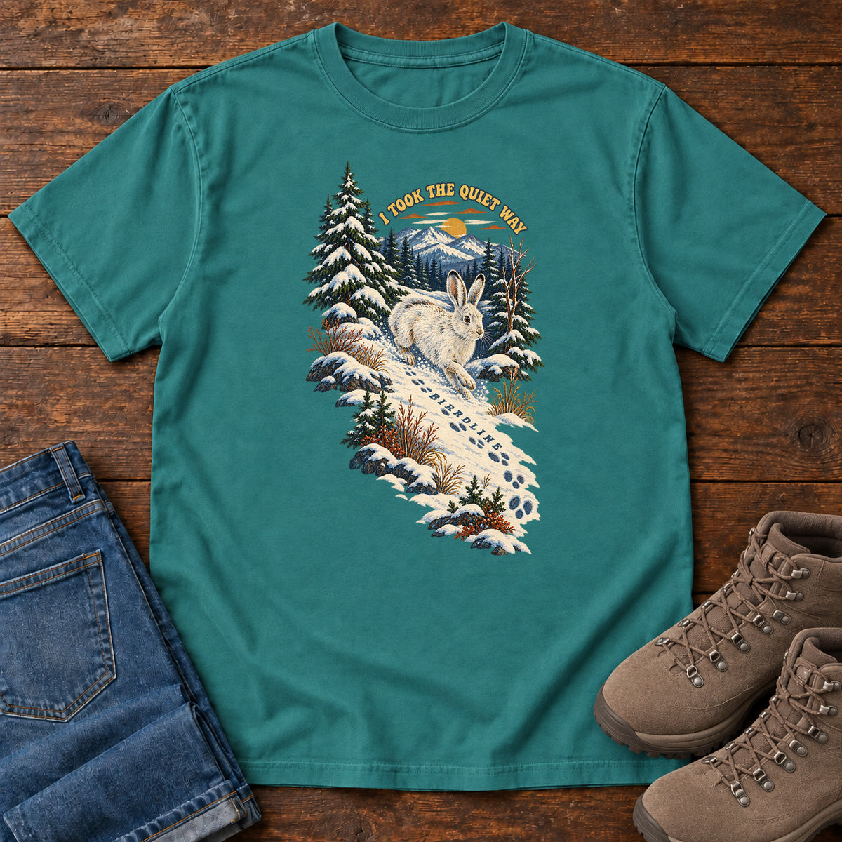 I Took the Quiet Way Snowshoe Hare T-Shirt in Emerald