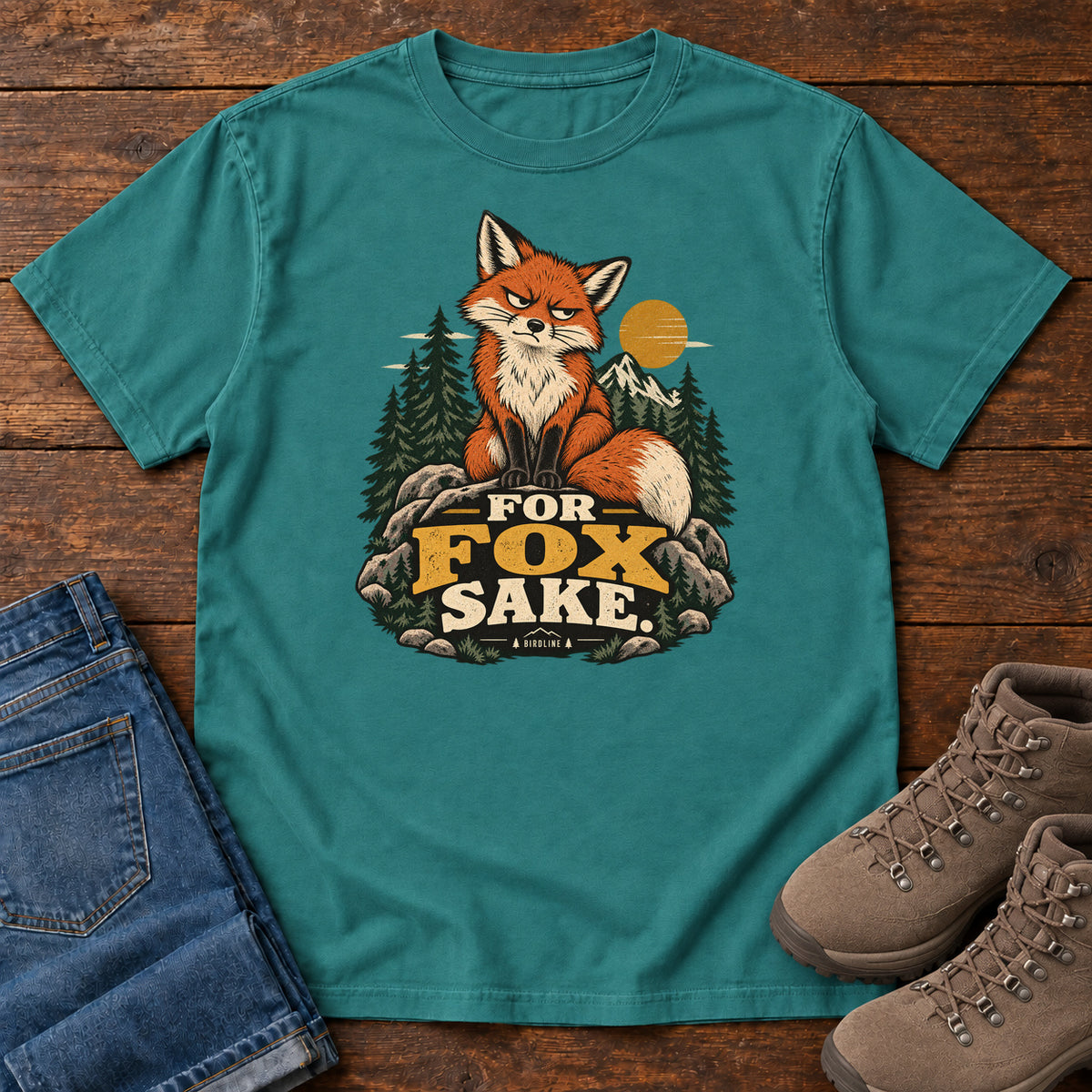 Emerald For Fox Sake T-Shirt with an orange fox sitting on rocks against pines, mountains and a golden sun; front flat lay on wood.
