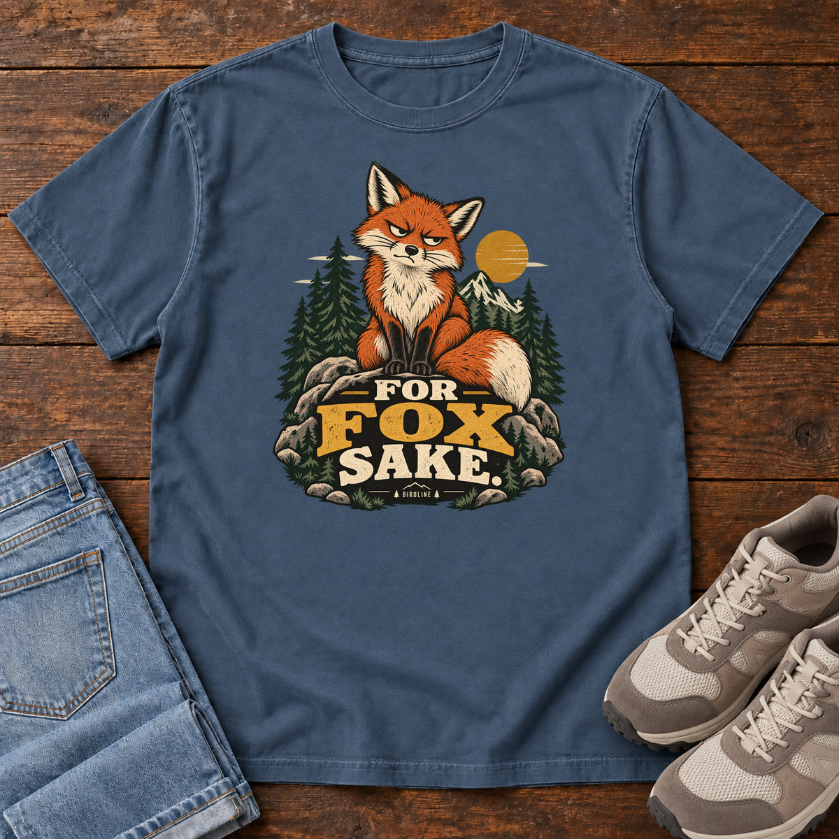 Midnight For Fox Sake T-Shirt with an orange fox sitting on rocks against pines, mountains and a golden sun; front flat lay on wood.
