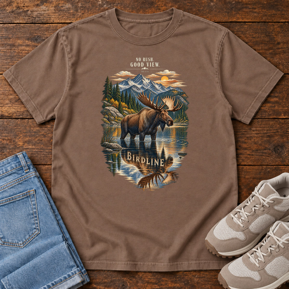 No Rush Good View Moose T-Shirt in Espresso