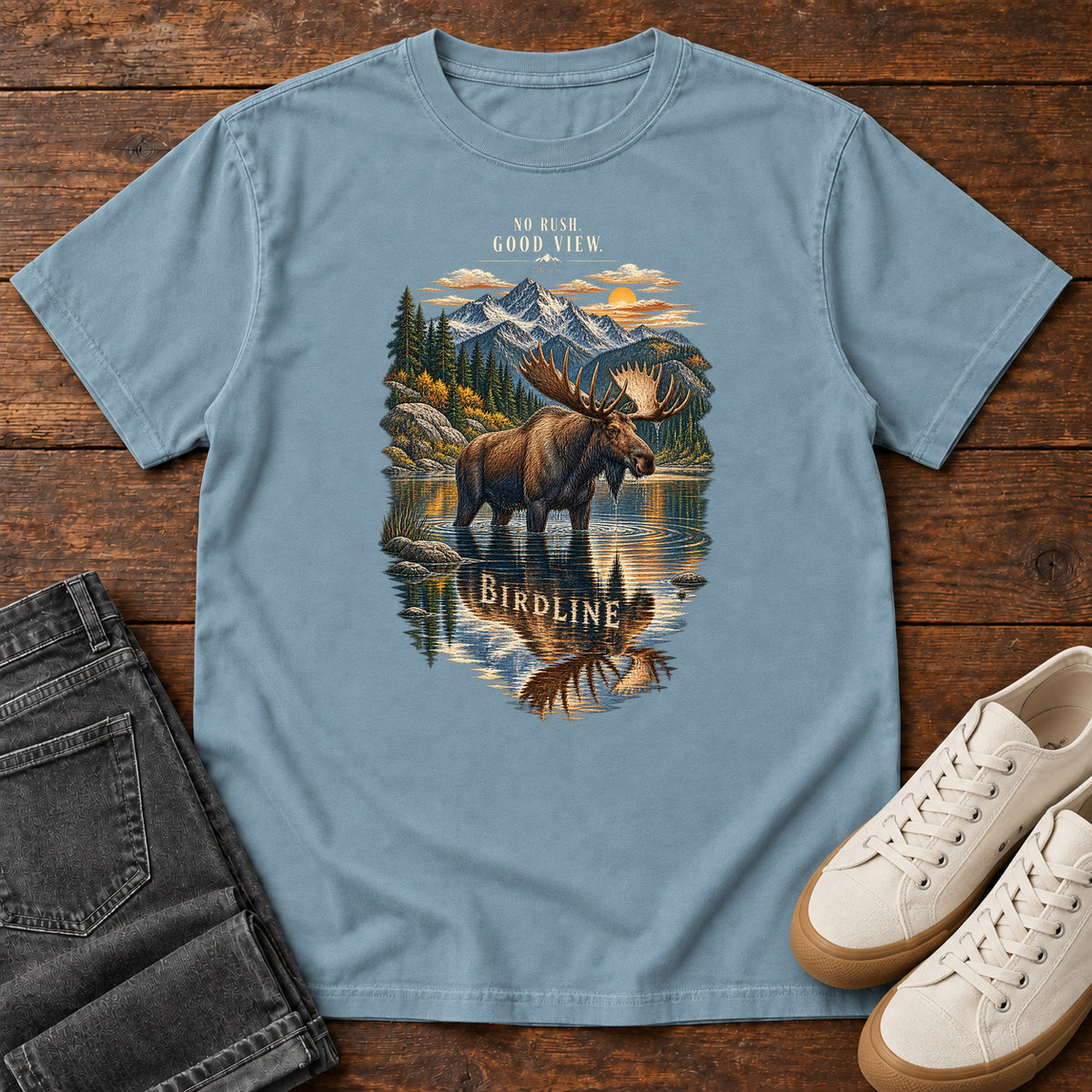 No Rush Good View Moose T-Shirt in Ice Blue