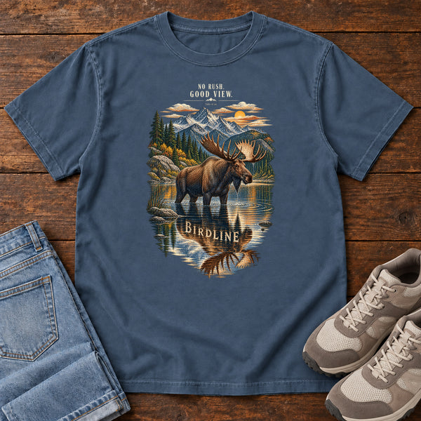 No Rush Good View Moose T-Shirt in Midnight, front view