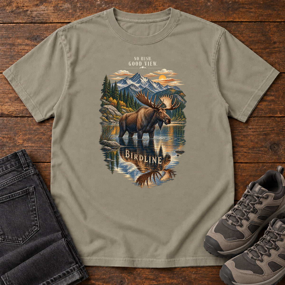 No Rush Good View Moose T-Shirt in Sandstone
