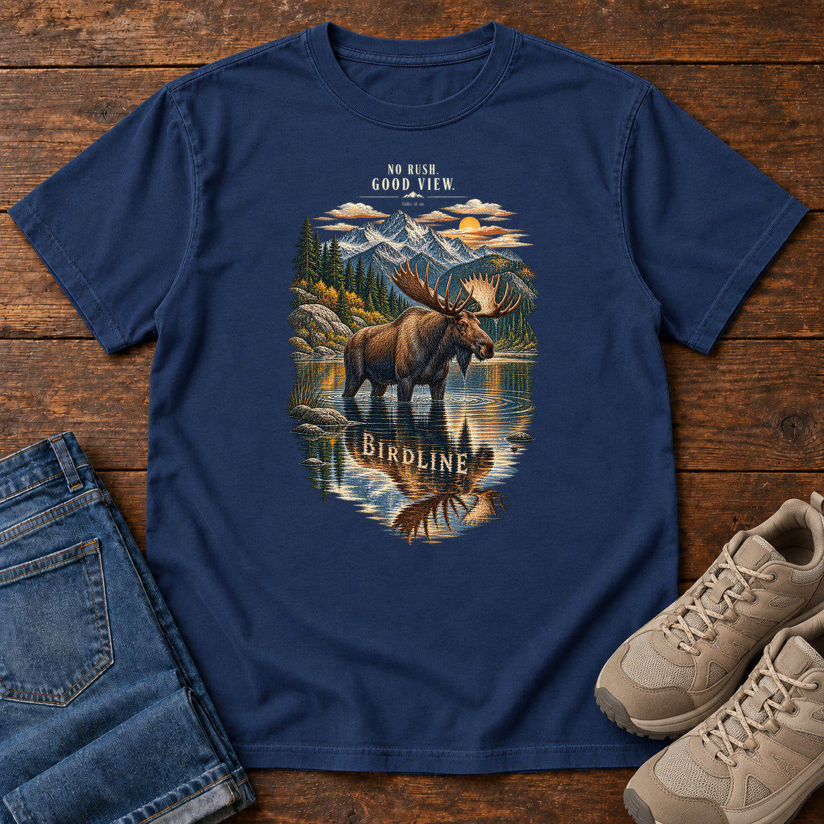 No Rush Good View Moose T-Shirt in True Navy