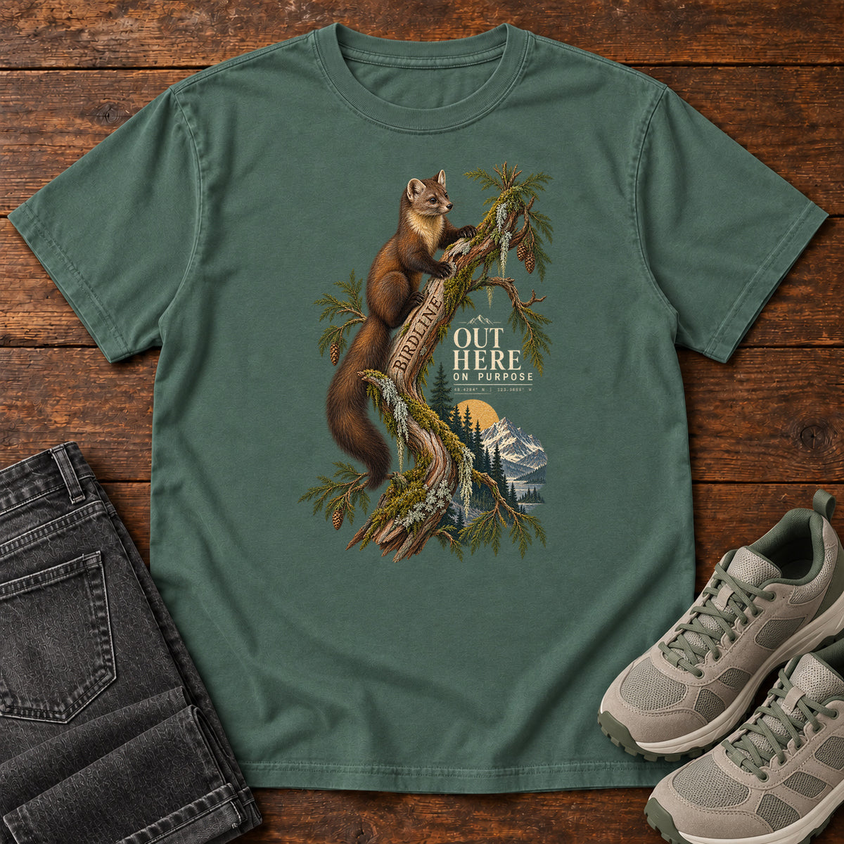 Out Here on Purpose Squirrel T-Shirt in Blue Spruce