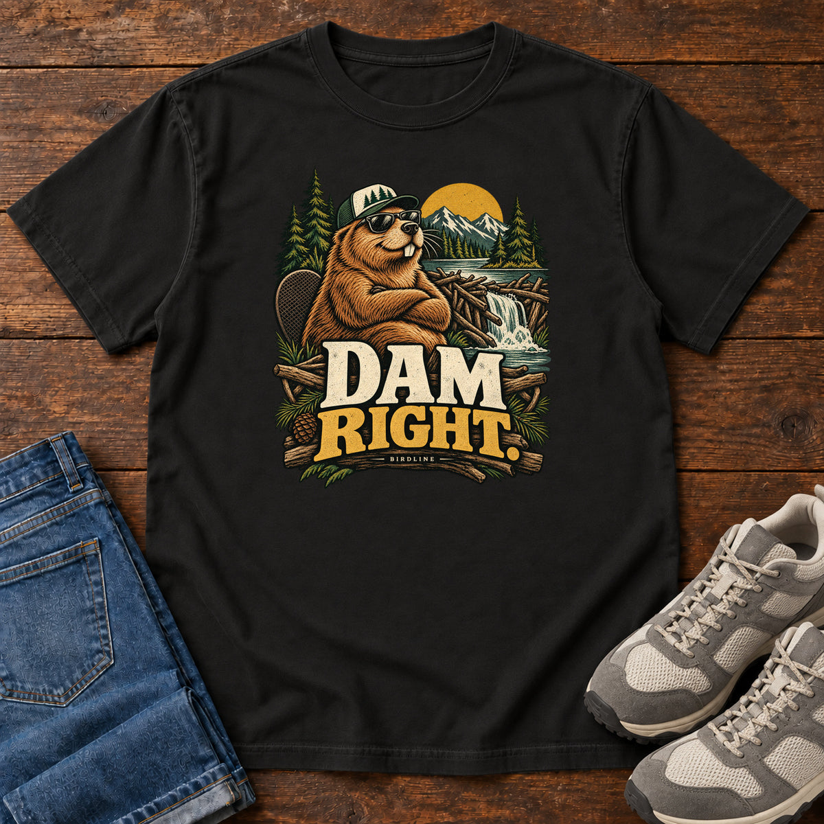 Black Dam Right T-Shirt with a cartoon beaver wearing a cap and sunglasses beside a dam above cream and gold lettering, front flat lay on wood.