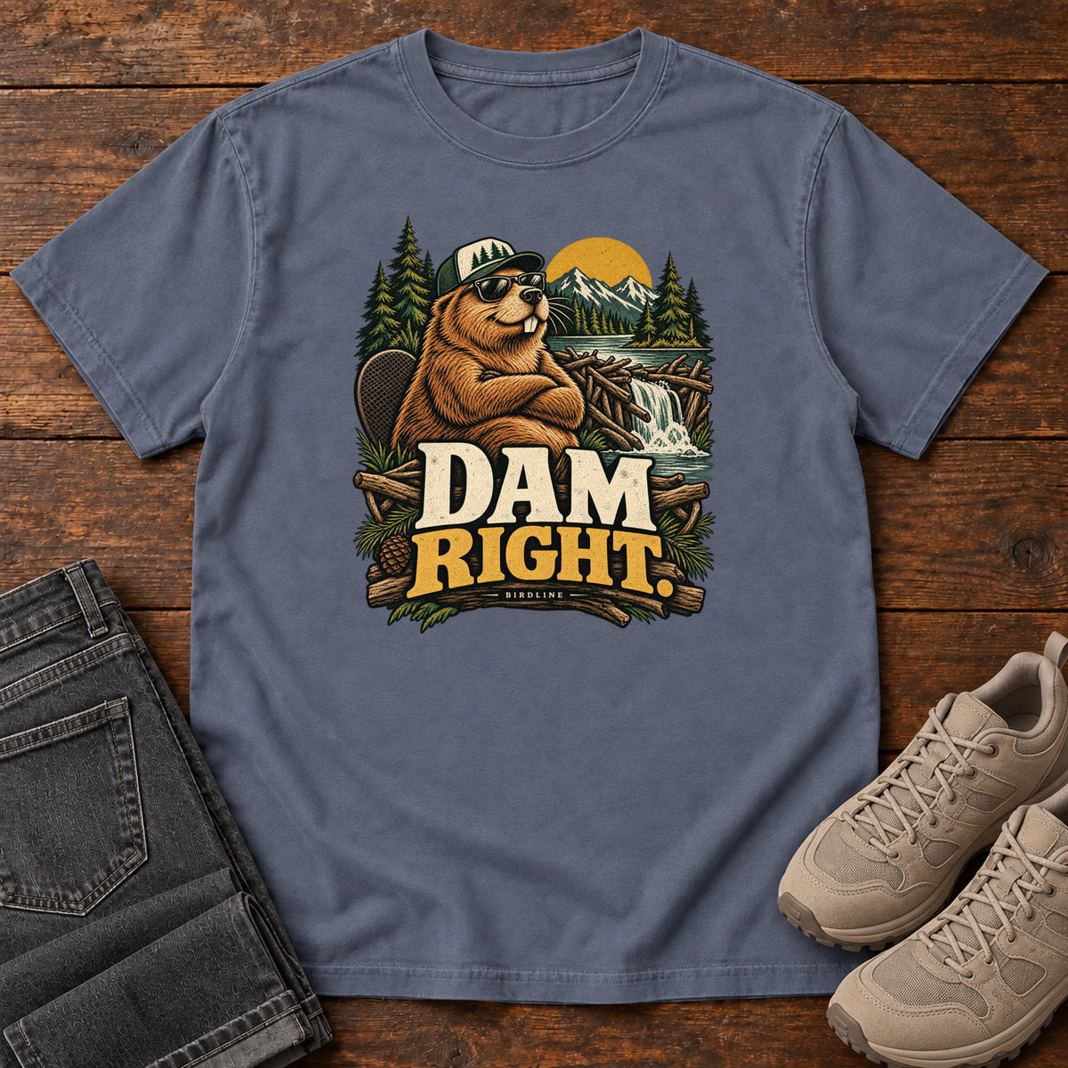 Denim Dam Right T-Shirt with a cartoon beaver wearing a cap and sunglasses beside a dam above cream and gold lettering, front flat lay on wood.