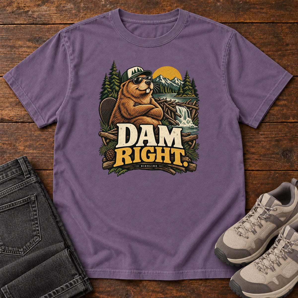 Grape Dam Right T-Shirt with a cartoon beaver wearing a cap and sunglasses beside a dam above cream and gold lettering, front flat lay on wood.