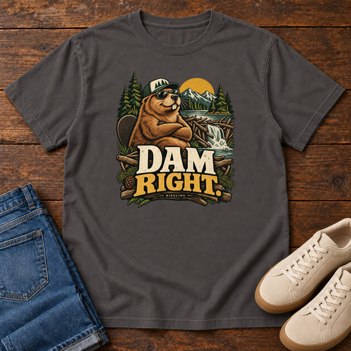 Graphite Dam Right T-Shirt with a cartoon beaver wearing a cap and sunglasses beside a dam above cream and gold lettering, front flat lay on wood.