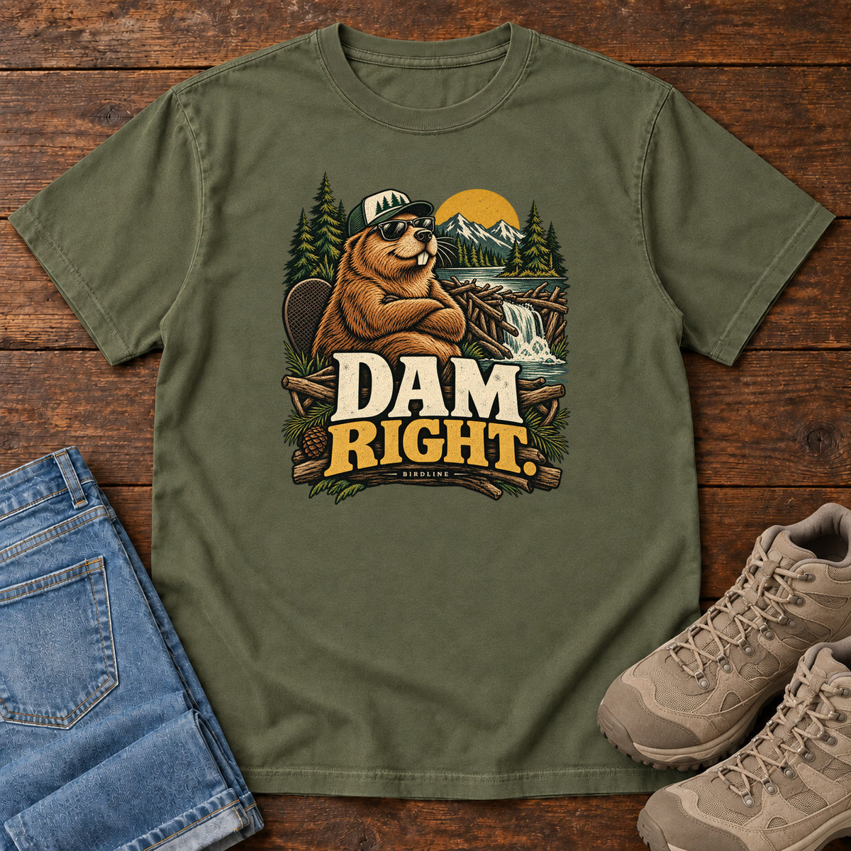 Hemp Dam Right T-Shirt with a cartoon beaver wearing a cap and sunglasses beside a dam above cream and gold lettering, front flat lay on wood.