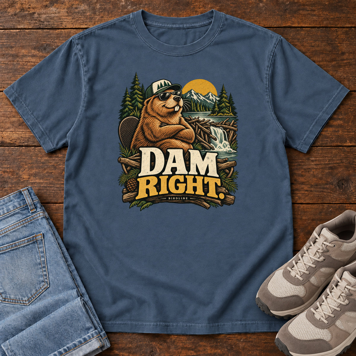Midnight Dam Right T-Shirt with a cartoon beaver wearing a cap and sunglasses beside a dam above cream and gold lettering, front flat lay on wood.