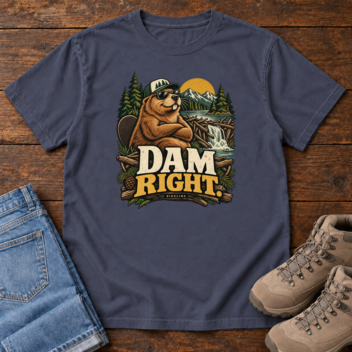 Navy Dam Right T-Shirt with a cartoon beaver wearing a cap and sunglasses beside a dam above cream and gold lettering, front flat lay on wood.