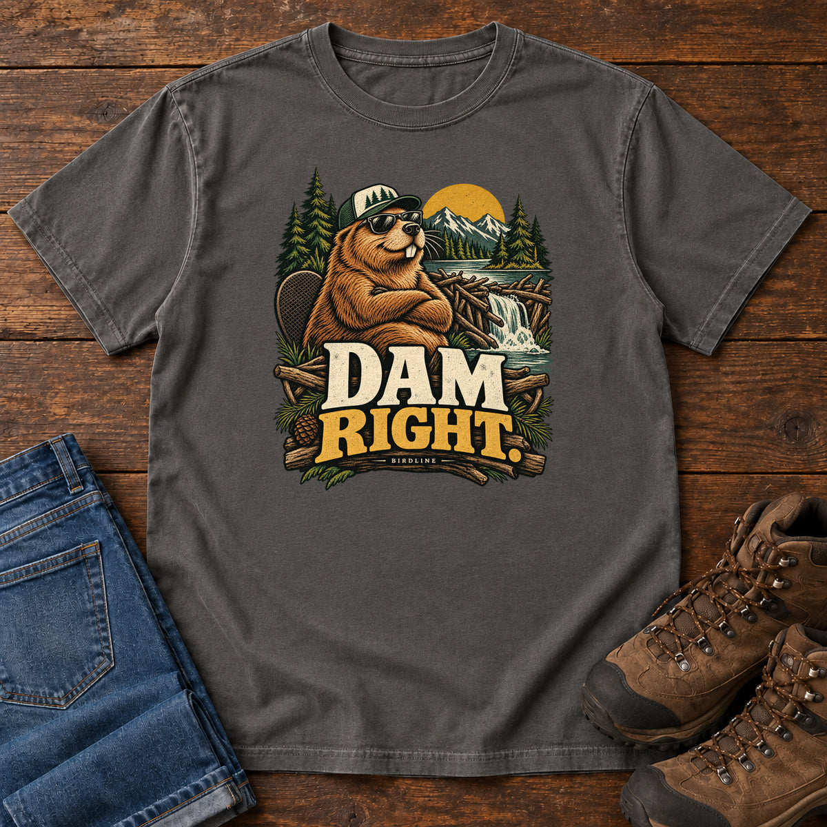 Pepper Dam Right T-Shirt with a cartoon beaver wearing a cap and sunglasses beside a dam above cream and gold lettering, front flat lay on wood.