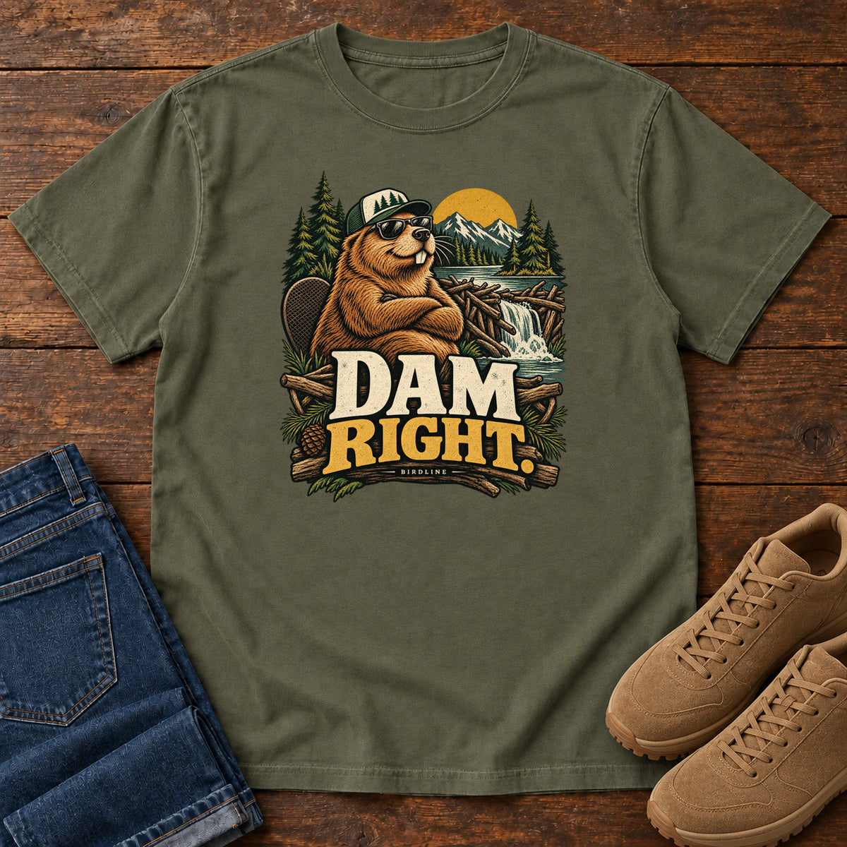 Sage Dam Right T-Shirt with a cartoon beaver wearing a cap and sunglasses beside a dam above cream and gold lettering, front flat lay on wood.