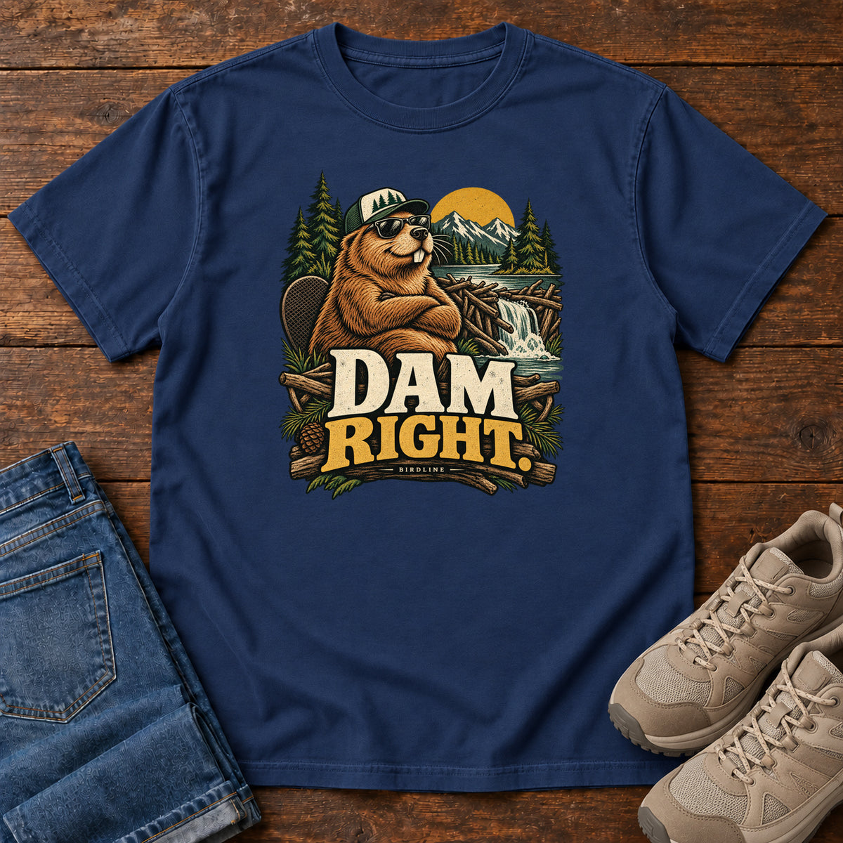 True Navy Dam Right T-Shirt with a cartoon beaver wearing a cap and sunglasses beside a dam above cream and gold lettering, front flat lay on wood.